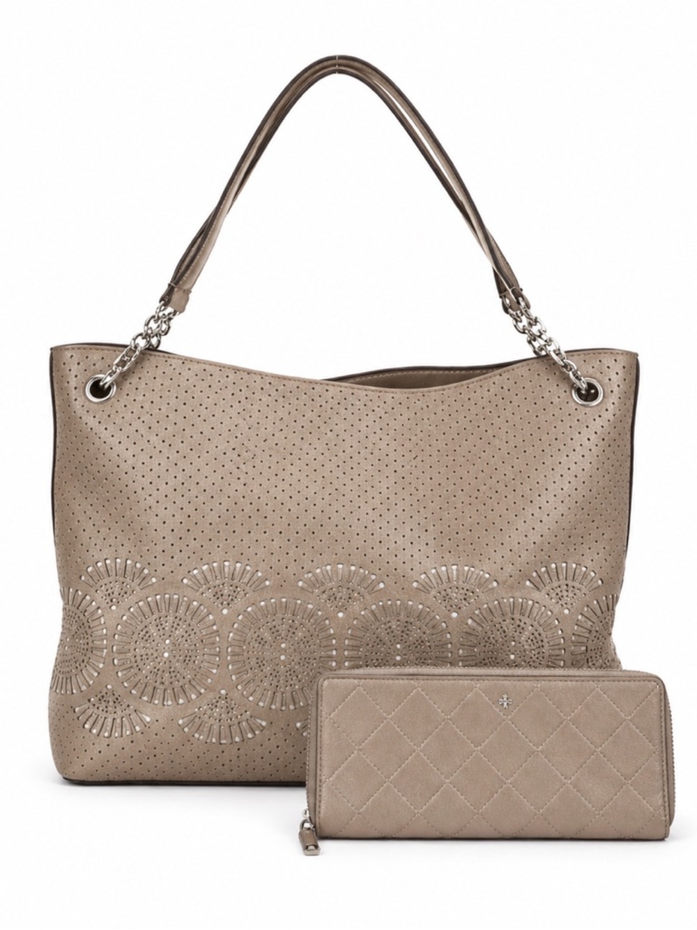 Tory Burch Taupe Perforated Tote and Wallet Set